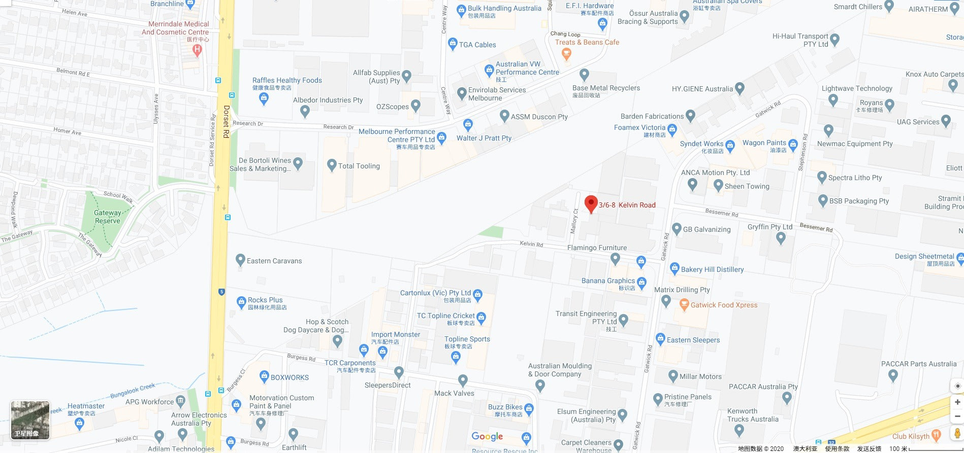 Map showing the Kelvin Road area near Dorset Road and Gatwick Road in Bayswater North