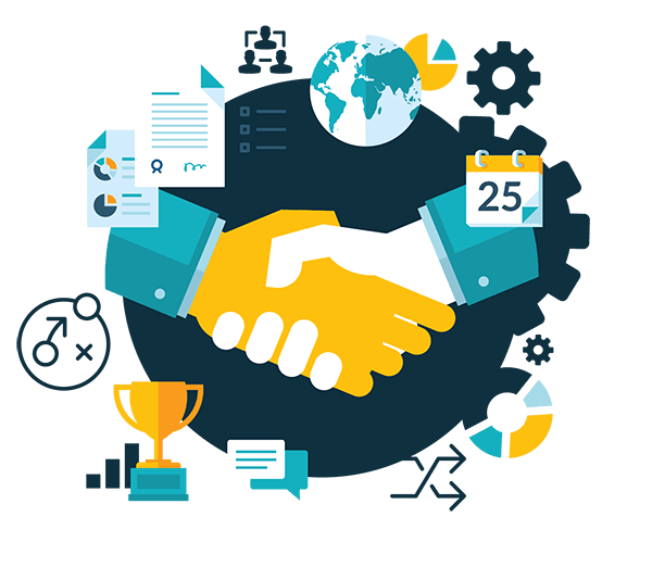 Business partnership illustration with a handshake, calendar and globe