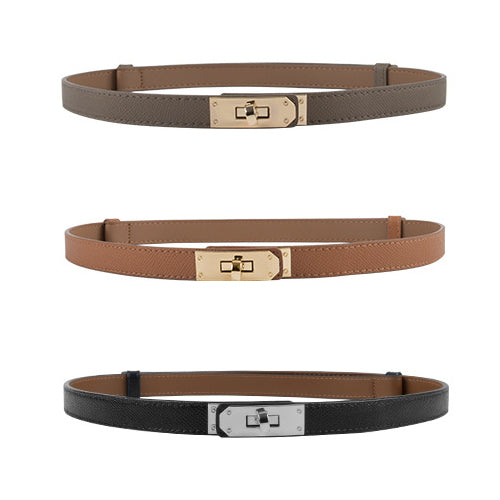 Slim grey, tan and black belts with rectangular turn-lock buckles