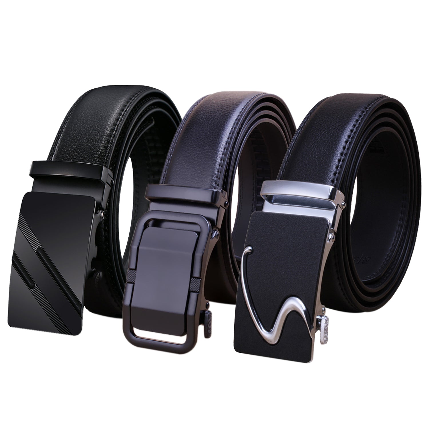 Three rolled black belts with different automatic buckle designs