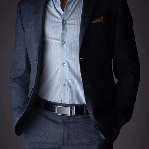 Black belt with a rectangular silver-coloured buckle styled with a dark suit