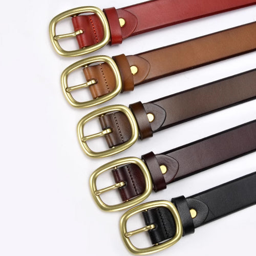 Red, tan, brown, dark brown and black belts with rounded brass-coloured buckles